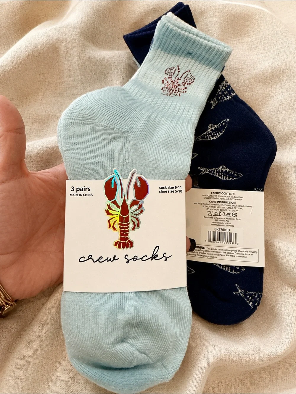 3 Pairs Women’s Crew Socks • Crawfish Rhinestone Retro Stripe Nautical Fish